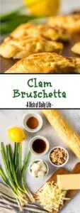 Collage of images for Pinterest of clam bruschetta