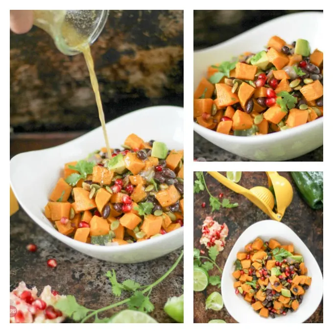 This Sweet Potato Salad with a Southwest Vinaigrette is one of our favorites for summer. The combination of sweet potatoes, black beans, crunchy pumpkin seeds, and juicy pomegranate seeds makes a wonderful side dish recipe for potlucks or even dinner. It would make a great vegetarian lunch too!