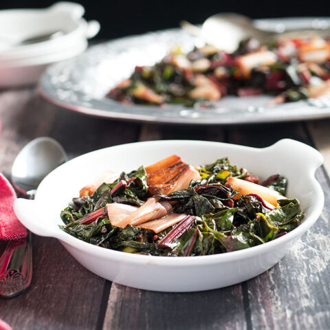 Red swiss chard and charred leeks side dish recipe.