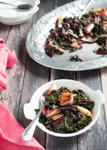 Red swiss chard and charred leeks side dish recipe.