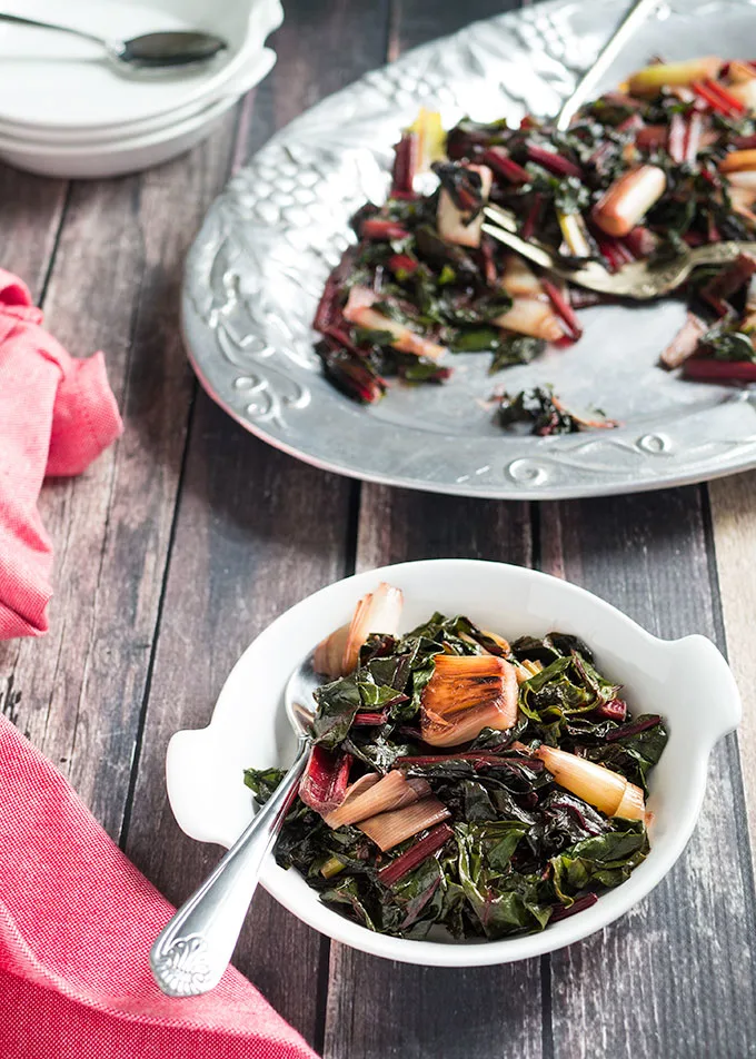 Red swiss chard and charred leeks side dish recipe.