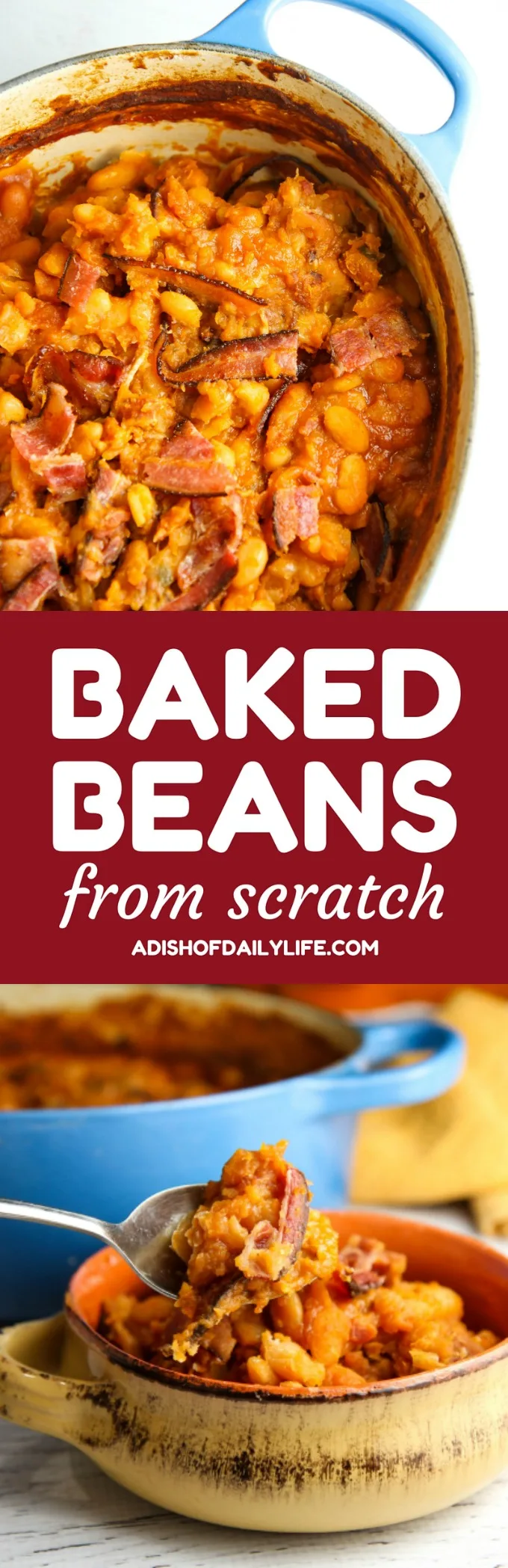 You can't have a summer BBQ without Baked Beans from scratch! This easy-to-make comfort food side dish is slow cooked in a tangy sweet and savory sauce...so much tastier than the canned version! Everyone loves this recipe!