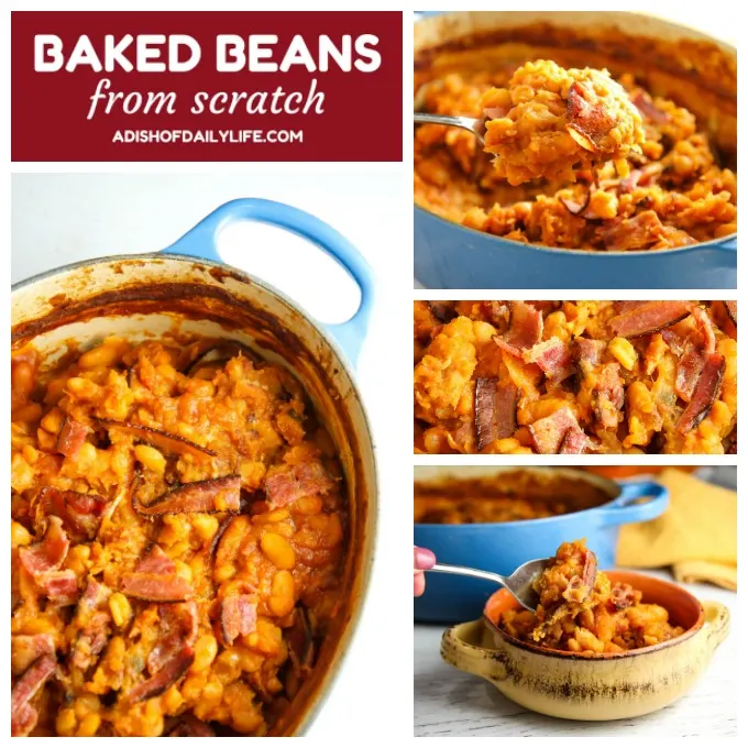 You can't have a summer BBQ without Baked Beans from scratch! This easy-to-make comfort food side dish is slow cooked in a tangy sweet and savory sauce...so much tastier than the canned version! Everyone loves this recipe!