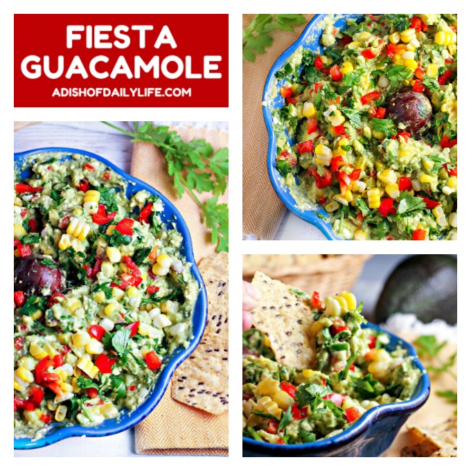 Fiesta Guacamole...a healthy snack packed with vegetables and extra protein for fueling muscle recovery after a tough workout! This easy to make appetizer recipe is perfect for parties and Mexican night as well!