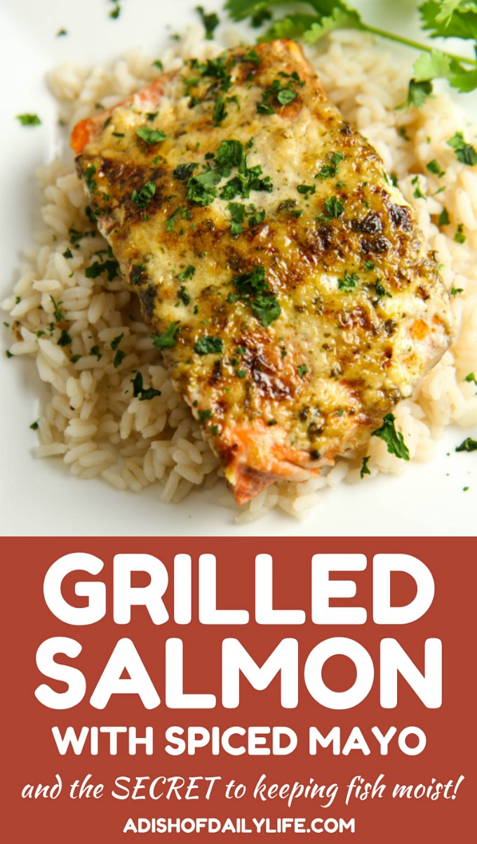 This Grilled Salmon with Spiced Mayo is an easy dinner recipe (just over 20 minutes)...great for busy weeknights and perfect for company as well! Plus I'm sharing the secret to keeping your fish moist! 