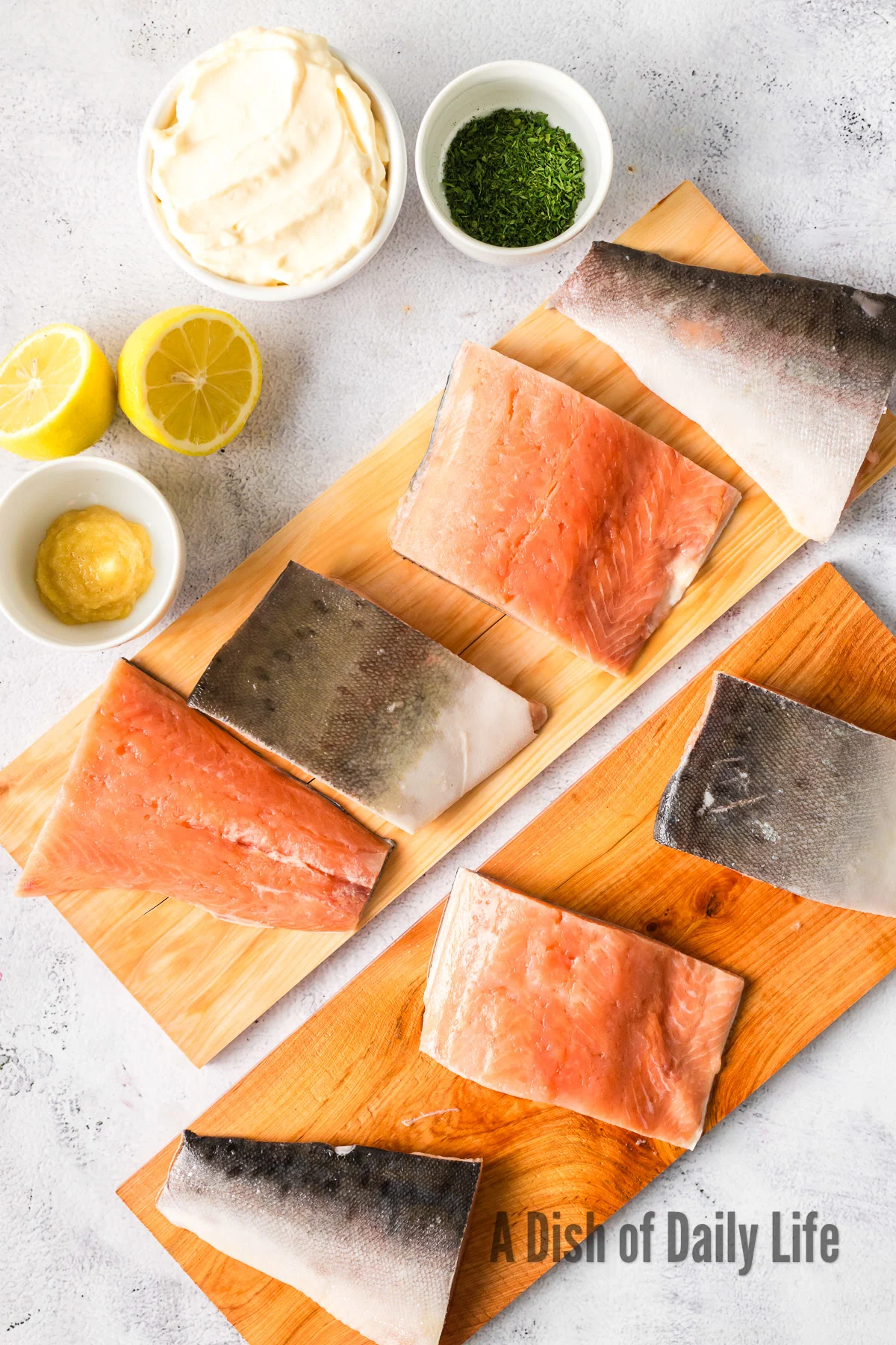 All ingredients for mayo salmon laid out on counter.