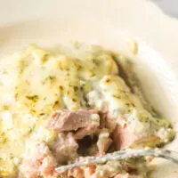 A fork pulling salmon apart to show how flaky it is.