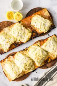 Baked salmon on planks ready to eat.
