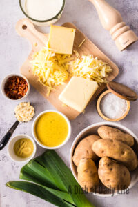 All ingredients for Potato Leek Gratin on counter