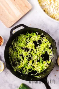 Sauteed leeks in a skillet