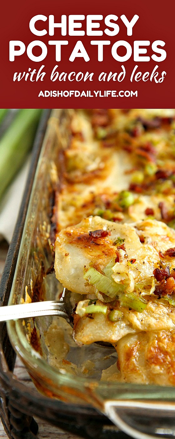 These Cheesy Potatoes with bacon and leeks are packed with creamy goodness, and make a great side dish for any holiday or special occasion dinner! This comfort food casserole is a tried and true family favorite! Family and friends will be begging you for the recipe!