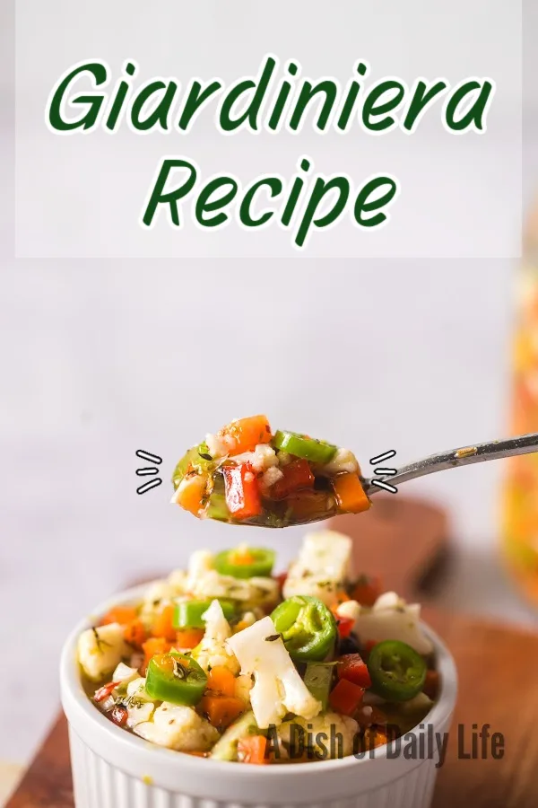 Main image for Giardiniera Recipe. Spoon scooping a portion out of a bowl.