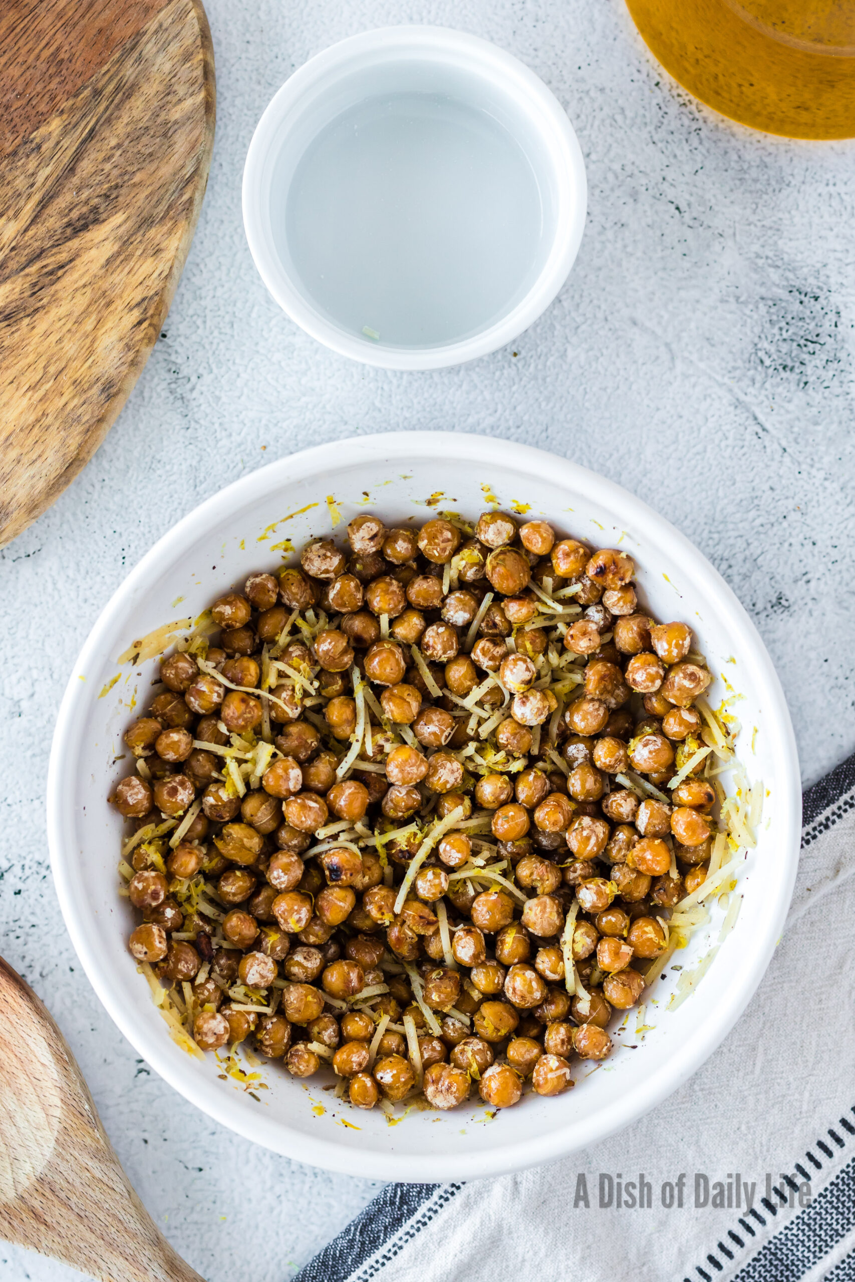 image looking down at bowl of crispy chickpeas