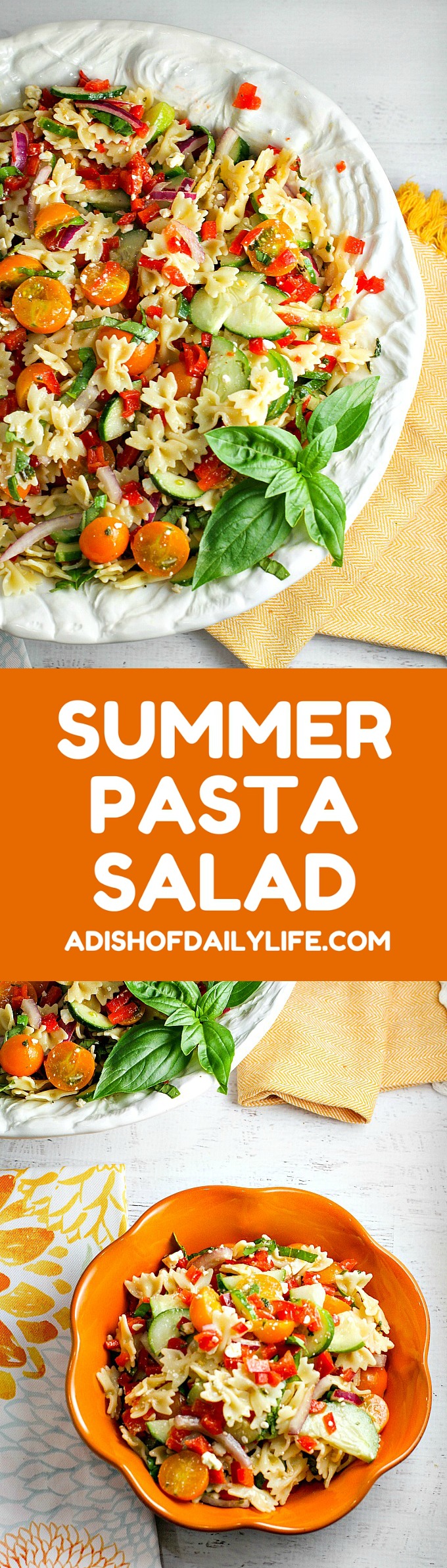 Our Summer Pasta Salad, packed with farmer's market veggies, is the perfect side dish for any potluck or summer BBQ. It's like a burst of summer in every bite! People will be going back for seconds and thirds...everyone will be asking you for the recipe!