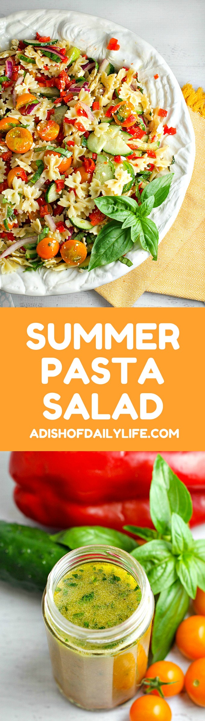 Our Summer Pasta Salad, packed with farmer's market veggies, is the perfect side dish for any potluck or summer BBQ. It's like a burst of summer in every bite! People will be going back for seconds and thirds...everyone will be asking you for the recipe!