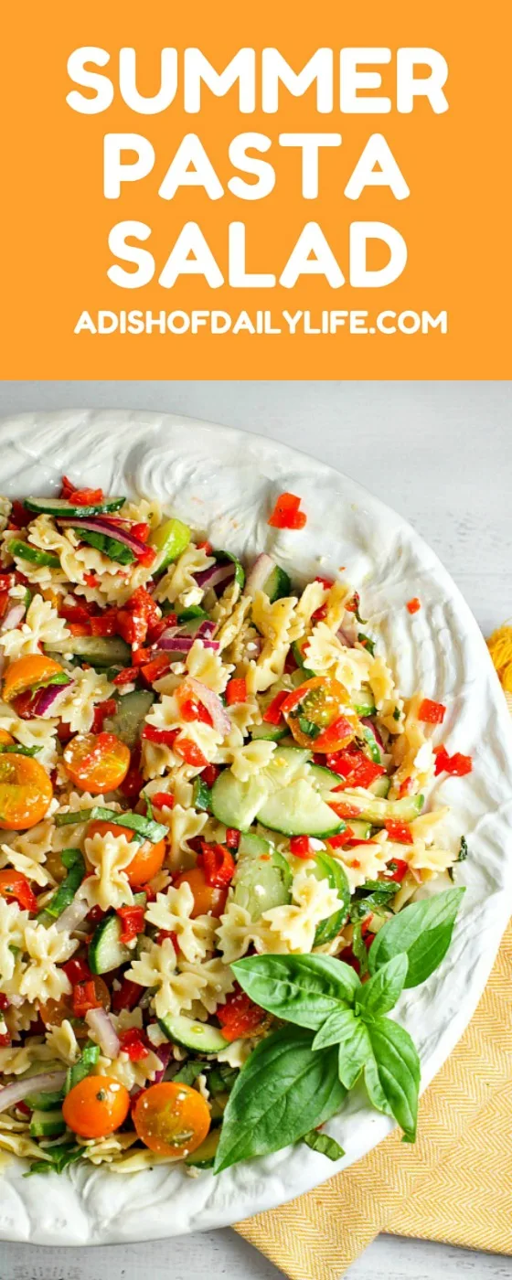 Our Summer Pasta Salad, packed with farmer's market veggies, is the perfect side dish for any potluck or summer BBQ. It's like a burst of summer in every bite! People will be going back for seconds and thirds...everyone will be asking you for the recipe!