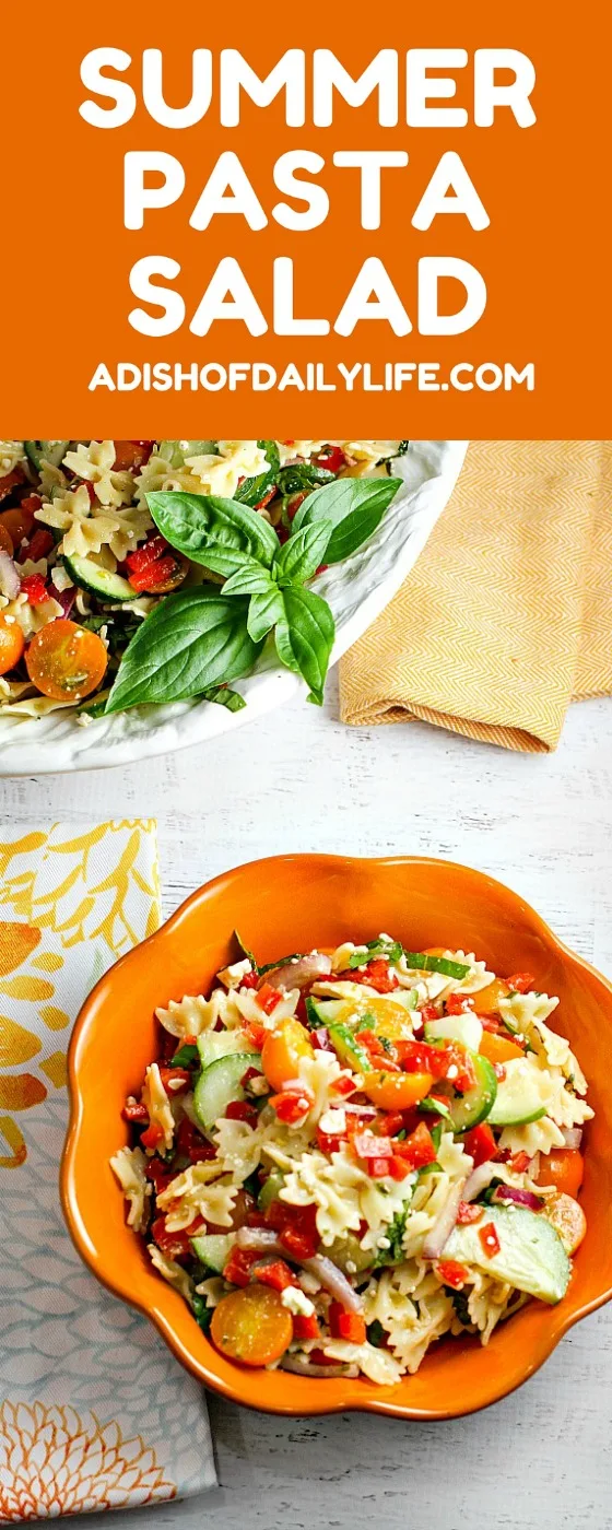 Our Summer Pasta Salad, packed with farmer's market veggies, is the perfect side dish for any potluck or summer BBQ. It's like a burst of summer in every bite! People will be going back for seconds and thirds...everyone will be asking you for the recipe!