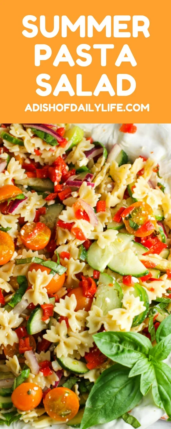 Our Summer Pasta Salad, packed with farmer's market veggies, is the perfect side dish for any potluck or summer BBQ. It's like a burst of summer in every bite! People will be going back for seconds and thirds...everyone will be asking you for the recipe!