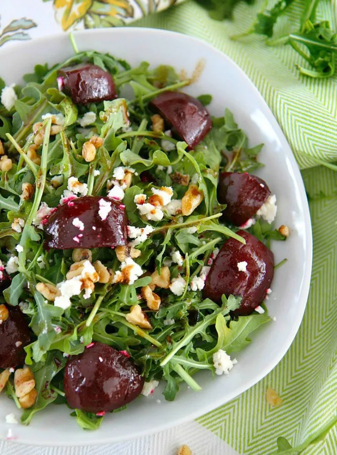 This easy, delicious Balsamic Beet Salad with Arugula, Goat Cheese and Walnuts is perfect as a side salad, but would also be great for lunch or a light dinner. Truly a farmer’s market favorite!