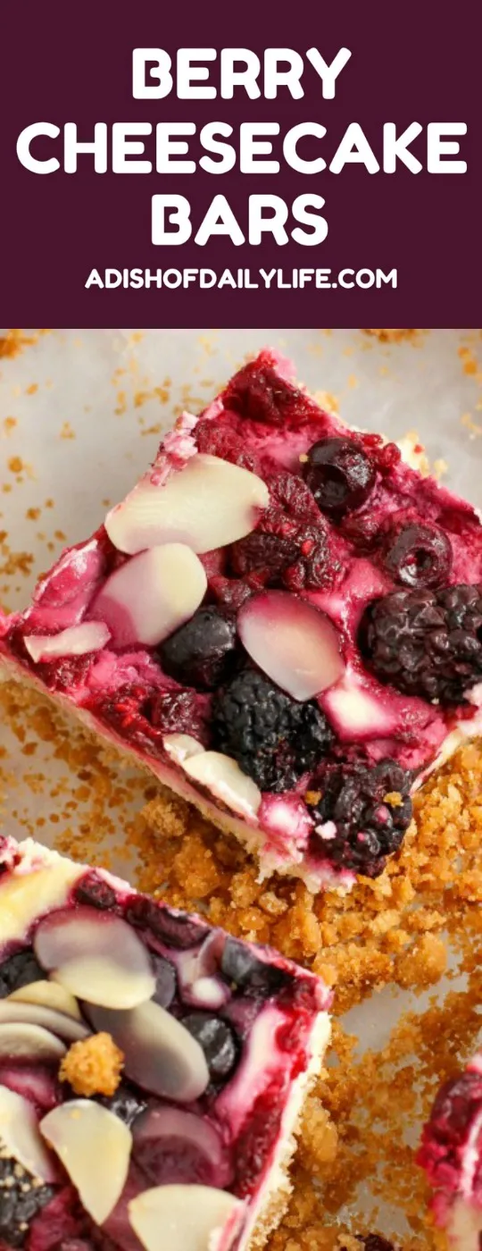 This easy-to-make scrumptious Berry Cheesecake Bars recipe will satisfy any sweet tooth craving! Perfect for for tailgating parties or movie night!