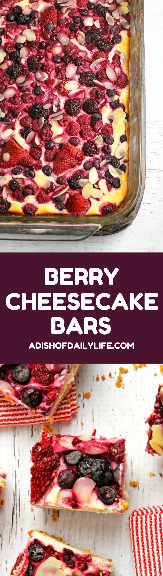 This easy-to-make scrumptious Berry Cheesecake Bars recipe will satisfy any sweet tooth craving! Perfect for for tailgating parties or movie night!