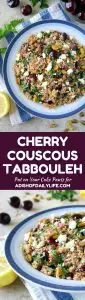 You're going to love this new twist on tabbouleh! This easy Cherry Couscous Tabbouleh makes a delicious and healthy side dish recipe, and it's easily customized, if you'd like to make it vegan, gluten-free or even turn it into a main dish. The cherries complement the herb and lemon juice combination nicely, and pistachios add the perfect crunch!
