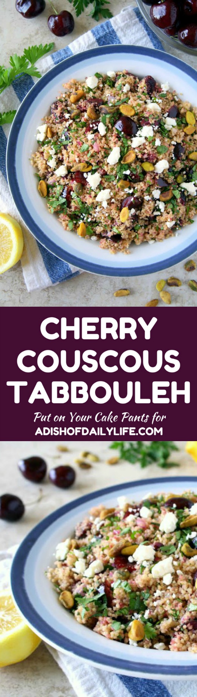 You're going to love this new twist on tabbouleh! This easy Cherry Couscous Tabbouleh makes a delicious and healthy side dish recipe, and it's easily customized, if you'd like to make it vegan, gluten-free or even turn it into a main dish. The cherries complement the herb and lemon juice combination nicely, and pistachios add the perfect crunch! 