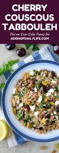 You're going to love this new twist on tabbouleh! This easy Cherry Couscous Tabbouleh makes a delicious and healthy side dish recipe, and it's easily customized, if you'd like to make it vegan, gluten-free or even turn it into a main dish. The cherries complement the herb and lemon juice combination nicely, and pistachios add the perfect crunch!