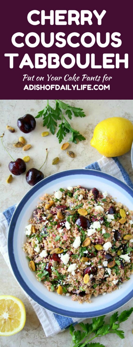 You're going to love this new twist on tabbouleh! This easy Cherry Couscous Tabbouleh makes a delicious and healthy side dish recipe, and it's easily customized, if you'd like to make it vegan, gluten-free or even turn it into a main dish. The cherries complement the herb and lemon juice combination nicely, and pistachios add the perfect crunch! 
