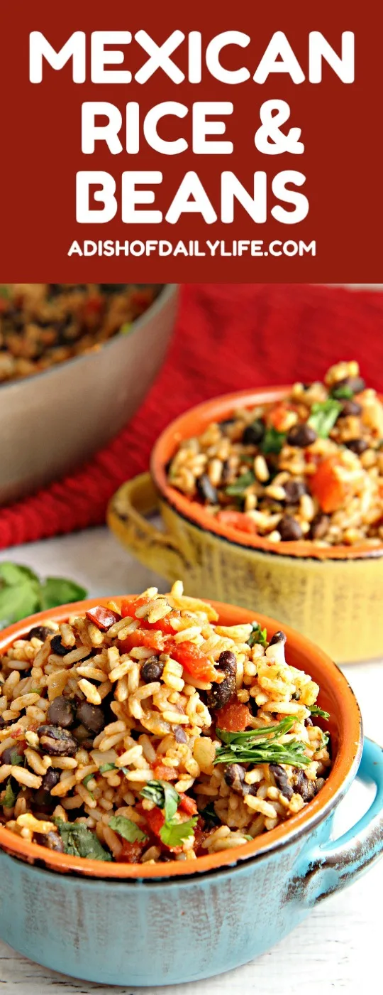 Mexican Rice and Beans…an easy versatile vegetarian dish! Use it as a side dish for Mexican night, use the leftovers as a filling for burritos along with chicken or beef, or add cheese and turn it into a Mexican bake.