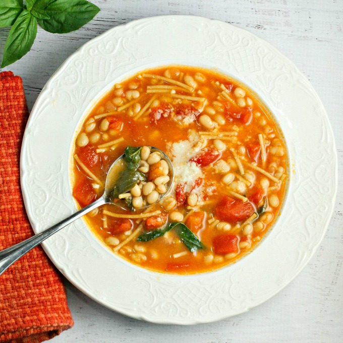 Pasta e Fagioli, a traditional Italian soup, is a comforting dish any time of year. Easy to make, healthy, and delicious, this Italian bean soup recipe makes for a flavor filled bowl every time! And it's a great source of protein and fiber as well!