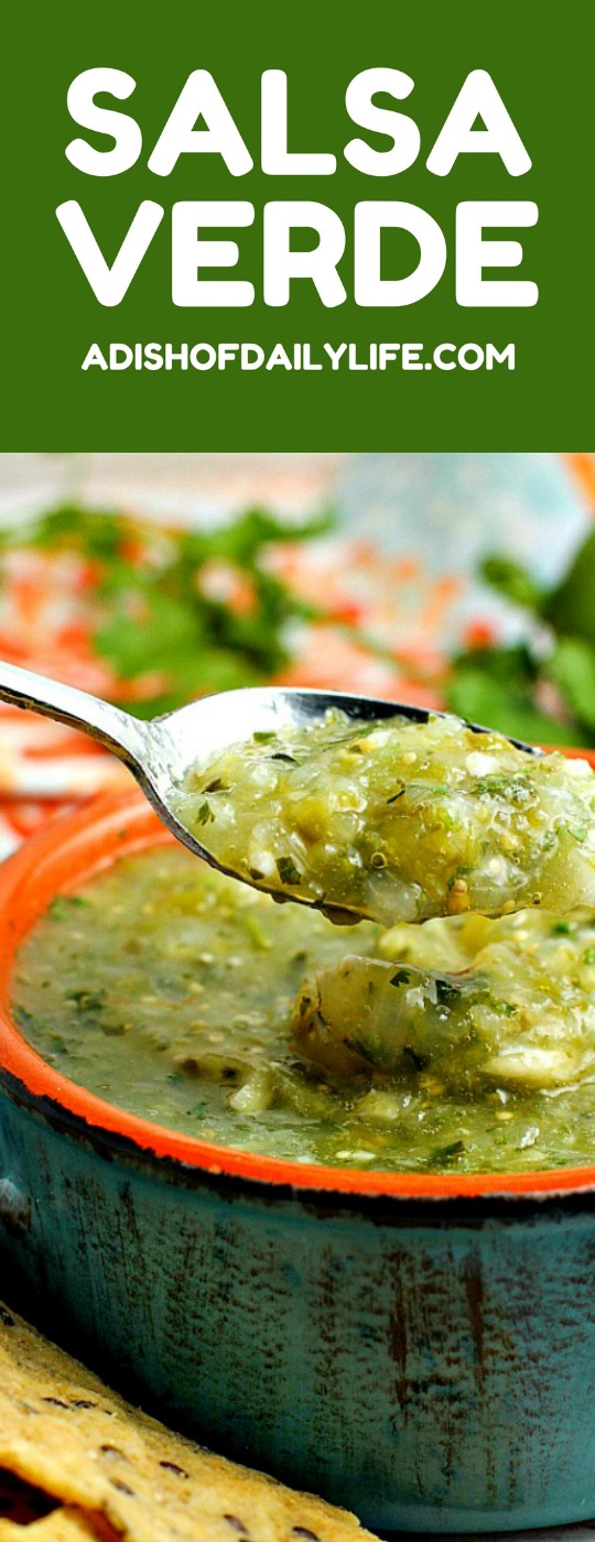 This authentic tangy Salsa Verde will be a hit on game day or Mexican night! It's a versatile recipe...great with chips and nachos, over burritos and enchiladas, as perfect as an accompaniment to just about any Mexican dish!