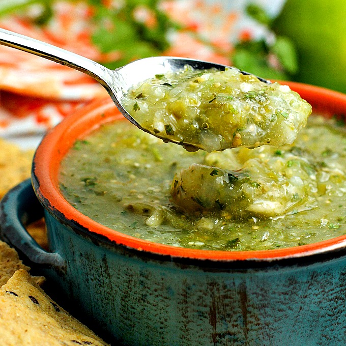 This authentic tangy Salsa Verde will be a hit on game day or Mexican night! It’s a versatile recipe…great with chips and nachos, over burritos and enchiladas, as perfect as an accompaniment to just about any Mexican dish!