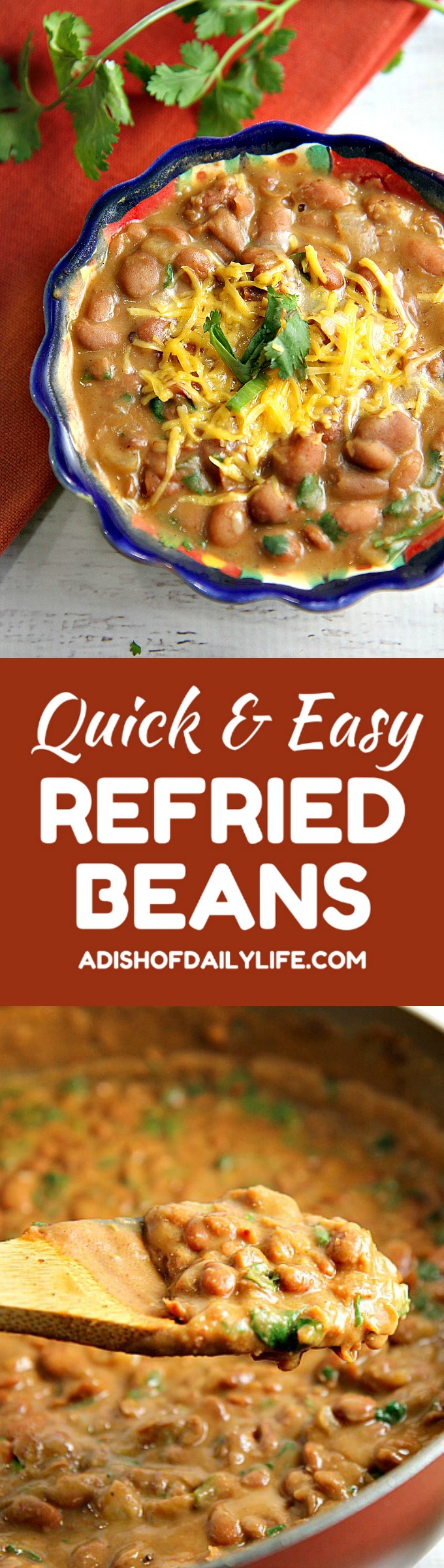 You'll never eat refried beans from a can again after trying this easy homemade refried beans recipe! They only take 15 minutes to make, and they're so versatile...use them as a side dish, as a base for burritos, or in layered bean dip or loaded nachos as well!