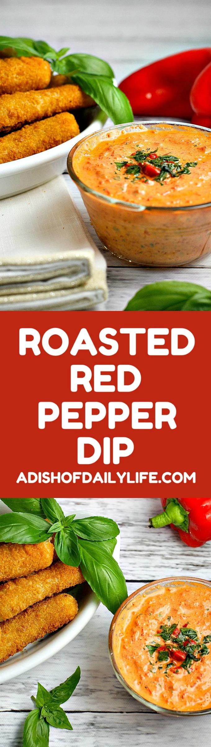 This easy 5 minute Roasted Red Pepper Dip recipe is a delicious way to dress up mozzarella sticks or cut up vegetables on game day!