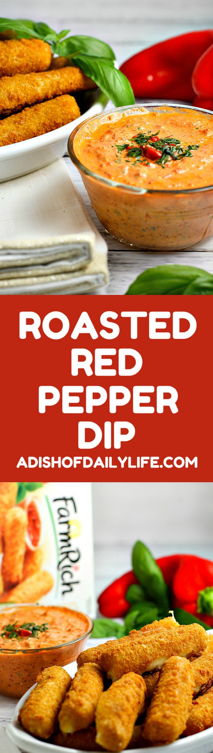 This easy 5 minute Roasted Red Pepper Dip recipe is a delicious way to dress up mozzarella sticks or cut up vegetables on game day!