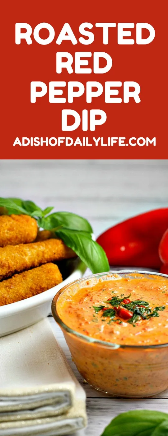 This easy 5 minute Roasted Red Pepper Dip recipe is a delicious way to dress up mozzarella sticks or cut up vegetables on game day!