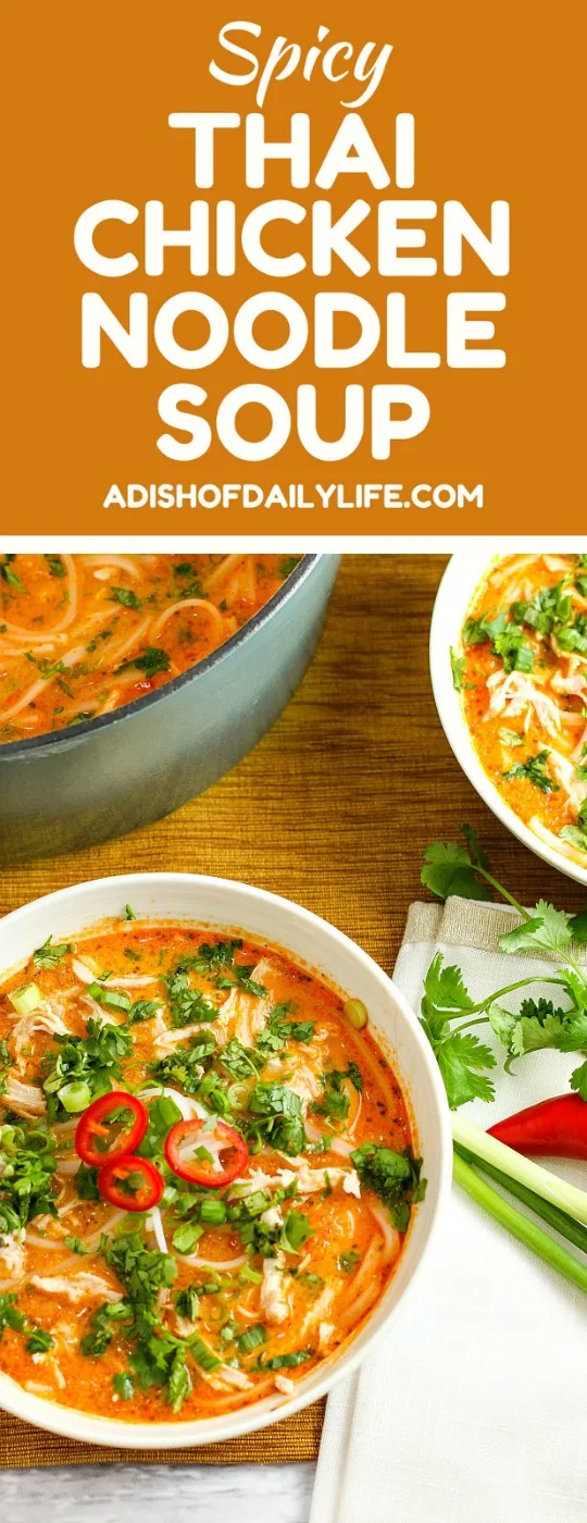 Skip the takeout! This delicious Thai Chicken Noodle Soup is easy to make at home with ingredients you can find in your local supermarket. If you love Thai food, you need to try this recipe!