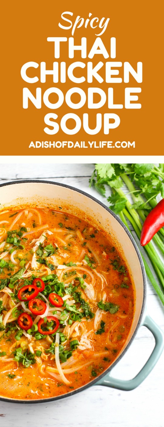 Skip the takeout! This delicious Thai Chicken Noodle Soup is easy to make at home with ingredients you can find in your local supermarket. If you love Thai food, you need to try this recipe!