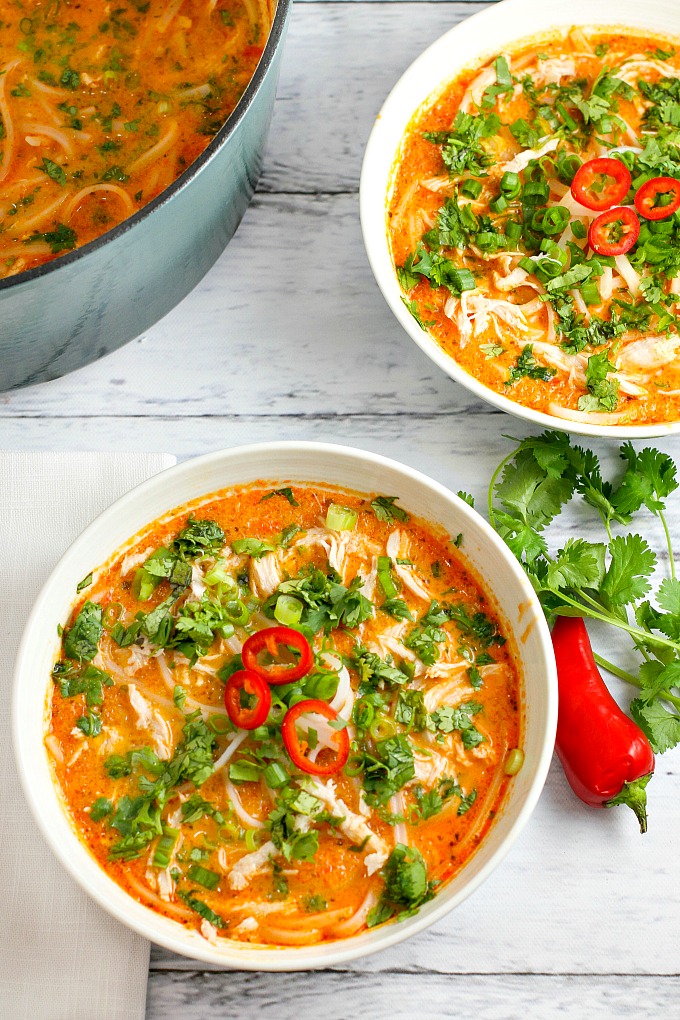 Skip the takeout! This delicious Thai Chicken Noodle Soup is easy to make at home with ingredients you can find in your local supermarket. If you love Thai food, you need to try this recipe!