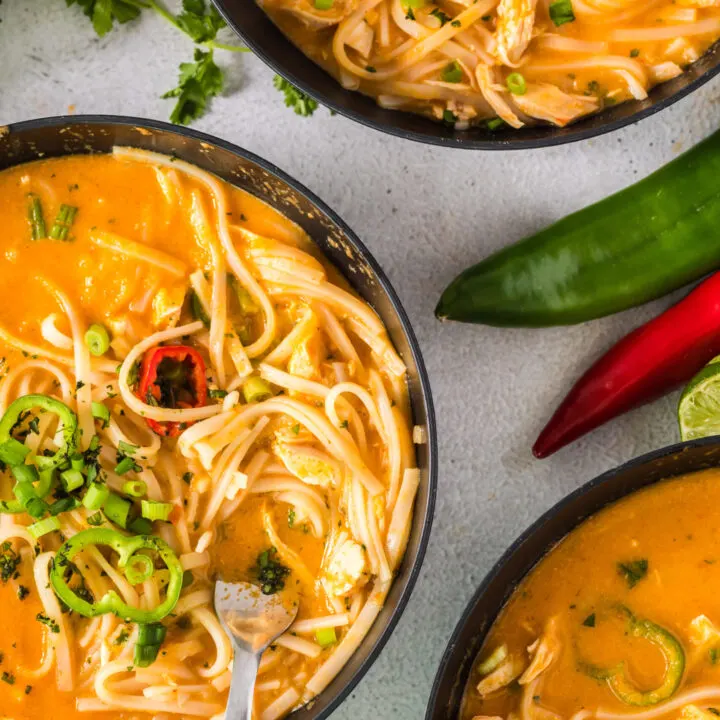 close up of 3 bowls of soup