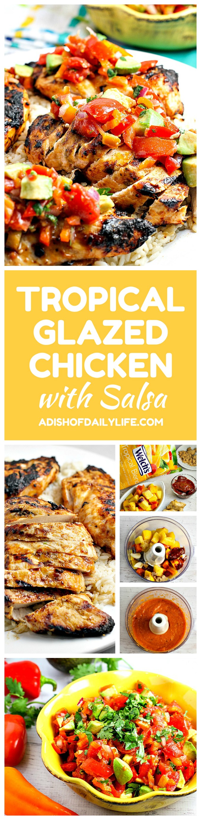 Fast, easy, delicious and healthy, this Tropical Glazed Chicken topped with salsa will make you feel like you're on an island vacation during dinner time! Only 30 minutes to make this recipe (not including the time to marinate)!