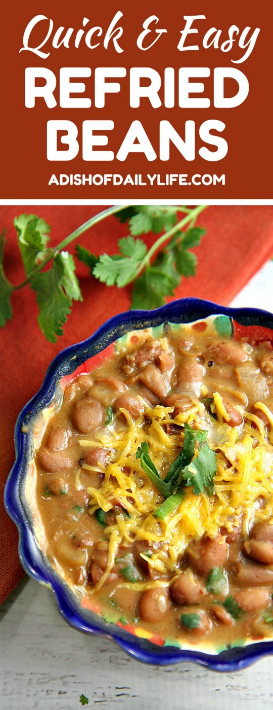 You'll never eat refried beans from a can again after trying this easy homemade refried beans recipe! They only take 15 minutes to make, and they're so versatile...use them as a side dish, as a base for burritos, or in layered bean dip or loaded nachos as well!