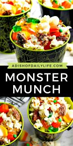 Monster Munch Popcorn snack mix...a fun and easy Halloween treat that both kids and adults will love! Easily customizable to any holiday theme!