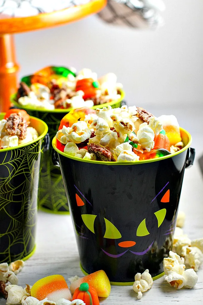  Monster Munch Popcorn Snack Mix is a fun Halloween snack for both kids and adults. Plus, the popcorn mix is easily customizable for any holiday theme!