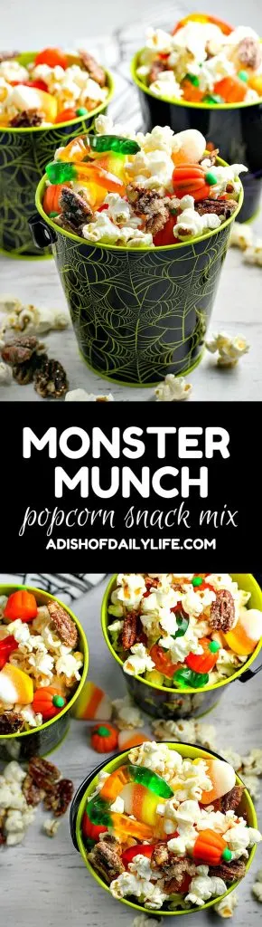  Monster Munch Popcorn Snack Mix is a fun Halloween snack for both kids and adults. Plus, the popcorn mix is easily customizable for any holiday theme!