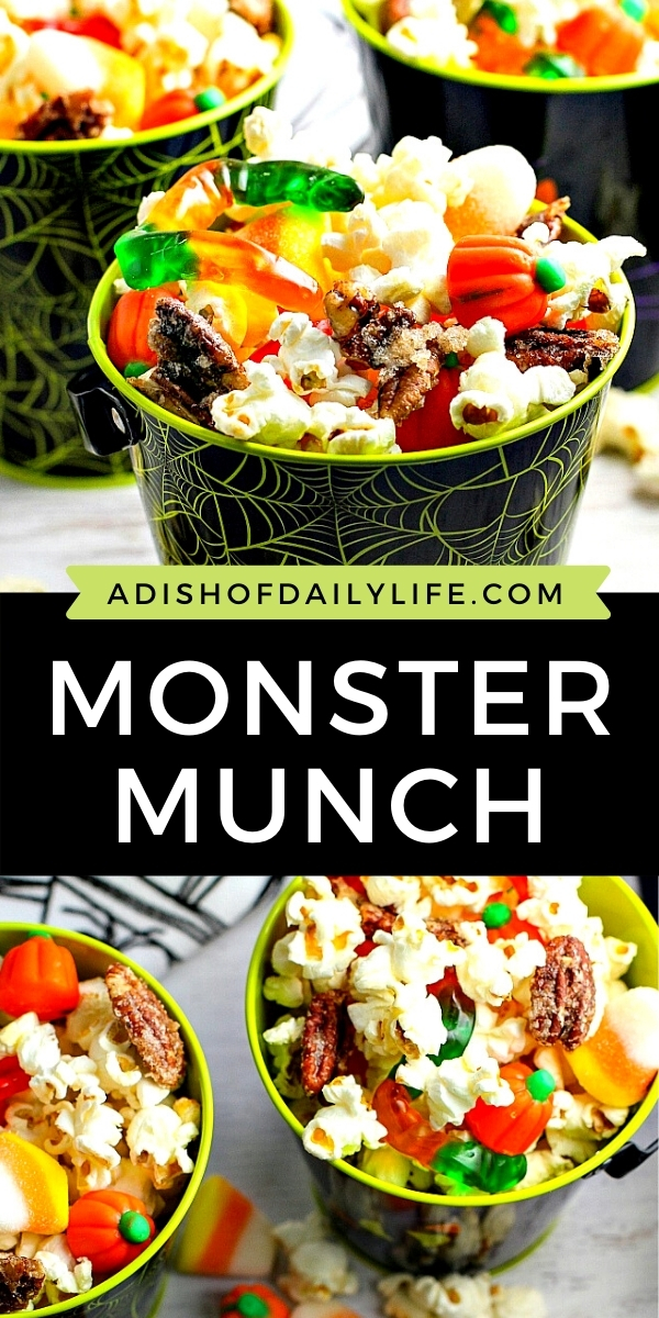 Monster Munch Popcorn snack mix...a fun and easy Halloween treat that both kids and adults will love! Easily customizable to any holiday theme!