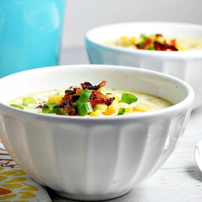 This easy (and delicious!) Corn Chowder is packed with sweet corn and potatoes, and topped with bacon and chopped green onions. This family favorite is perfect for a weeknight supper paired with a light salad, versatile enough for game day, and elegant enough to be a holiday starter!