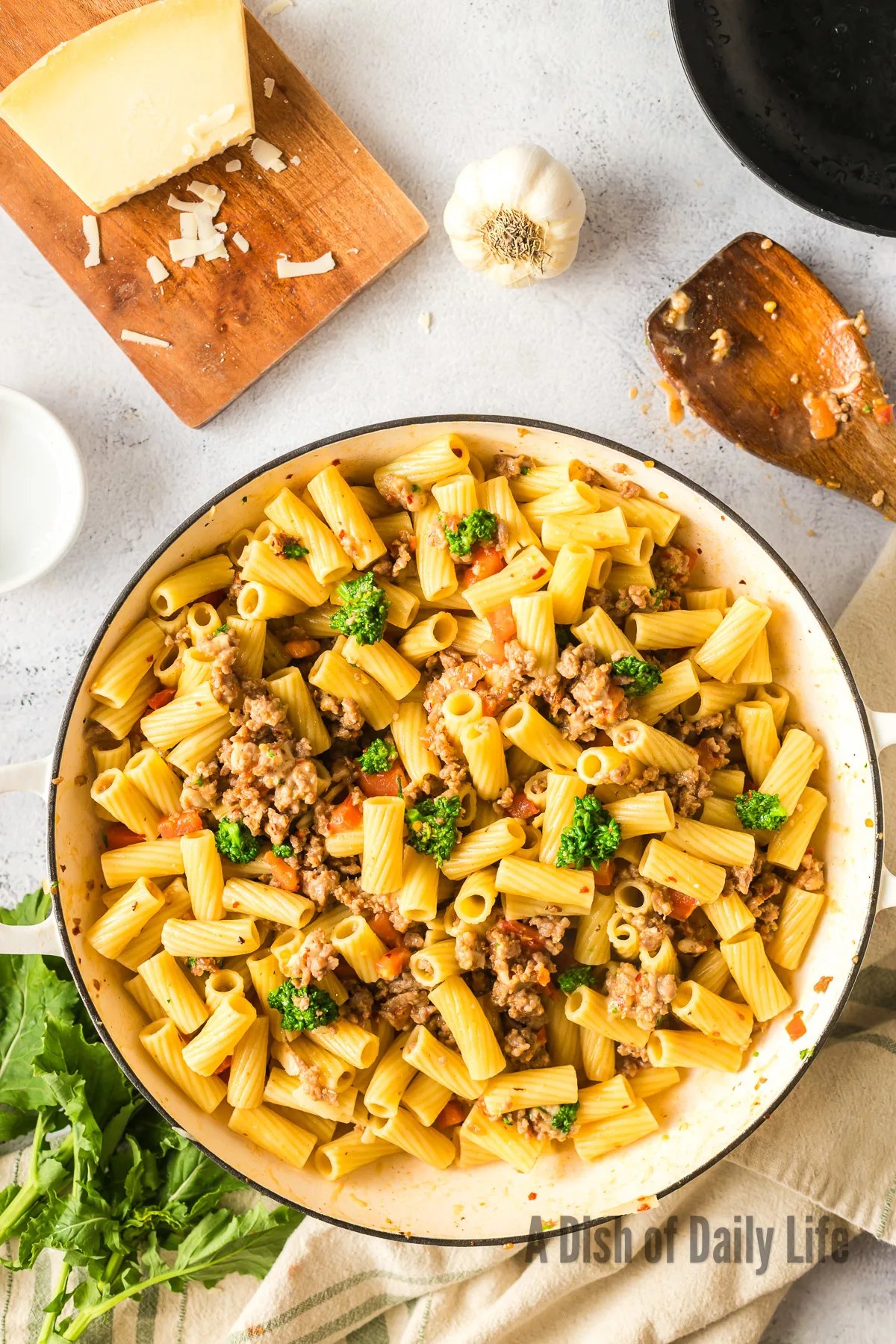 Rigatoni Salsiccia cooked and in skillet ready to serve