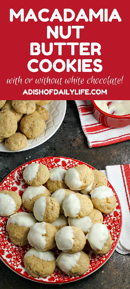 Macadamia Nut Butter Cookies...a soft, slightly chewy cookie that would be perfect for your holiday dessert table or Christmas cookie exchange. Dip them in white chocolate if you want to dress them up a little!